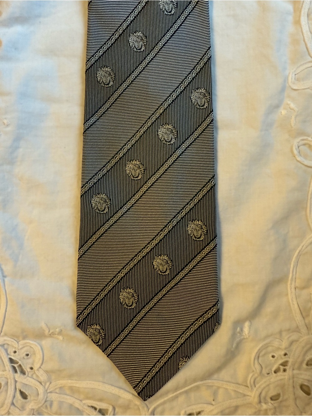 Vintage Gianni Versace Silk Tie Gray Black Medallion Geometric Made in Italy